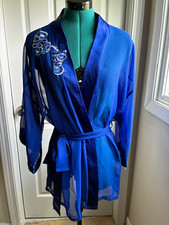 Vintage Wom Frederick's of Hollywood Blue Chiffon Embroidered Kimono Tie Robe S
