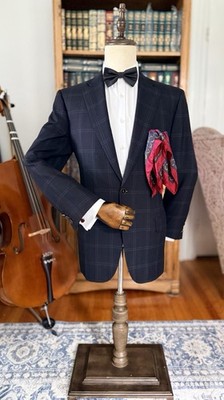 LNWOT Gorgeous Midnight Blue Check 100% Cashmere Brioni Sport Coat 40R US 50R IT