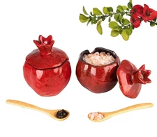 Salt Cellar 2 PCS Ceramic Pomegranate Shaped Salt Bowl With Lid and Spoon