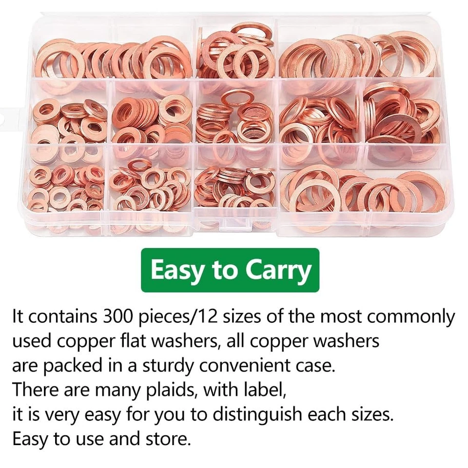 Kit 300 Rondelle in Rame 12 Misure Classificazione Metrica Guarnizione Rame Olio - Immagine 4 di 4