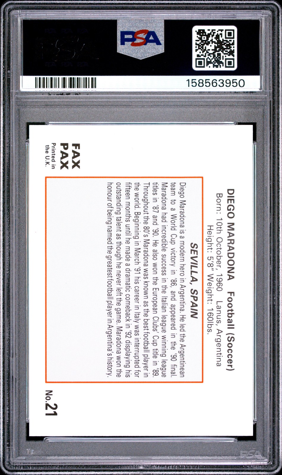158563950 Diego Maradona 1993 Fax Pax World of Sport #21 PSA 10 view 2