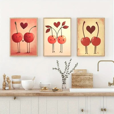 3pcs Two Simple Red Cherries Holding Hand Wall Art Poster Prints,Boho Wall Decor
