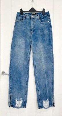 PrettyLittleThing Größe 12 zierlich blau mittelhoch blaue Waschung geteilter Saum gerades Bein