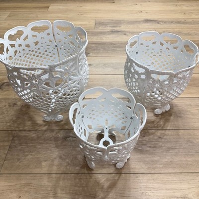 Set 3 White Metal Floral Lattice Vintage Planters Victorian Shabby Chic Coquette