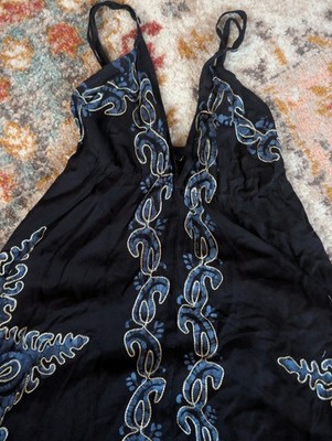 Black Blue Batik Embroidered summer dress V-Neck Free Size; hippy boho festival