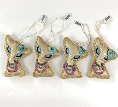 Four Crate & Barrel Cat w/Necklaces Christmas Tree Ornaments Glam Boho Kittens