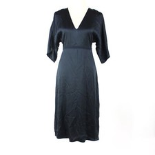 THEORY Evening V Neck Midi Dress Navy Black Satin Crepe Short Sleeve NEW Size 2