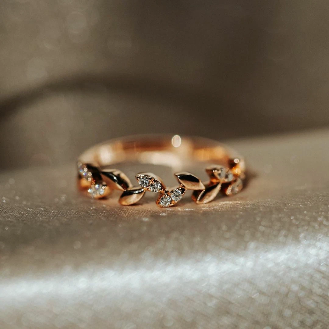 Leaf Round Moissanite Ring Nature Inspired Anniversary Gift Half