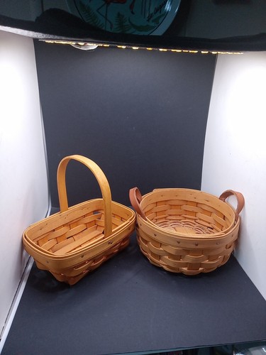 2 Longaberger Small Round Leather Handle Basket 2.75"Hx3.75"Hx5.75"D