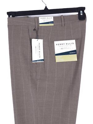 Perry Ellis Men's Modern-Fit Stretch Dress Pants Blue Tan Windowpane 33x30 NWT
