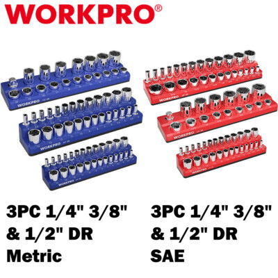 WORKPRO 3PCS/6PCS Magnetic Socket Organizer Holder Set 1/4'' 3/8'' 1/2'' SAE/METRIC
