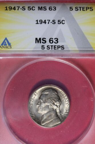 1947 S- ANACS 5C MS63 5 STEPS JEFFERSON NICKEL #B48473