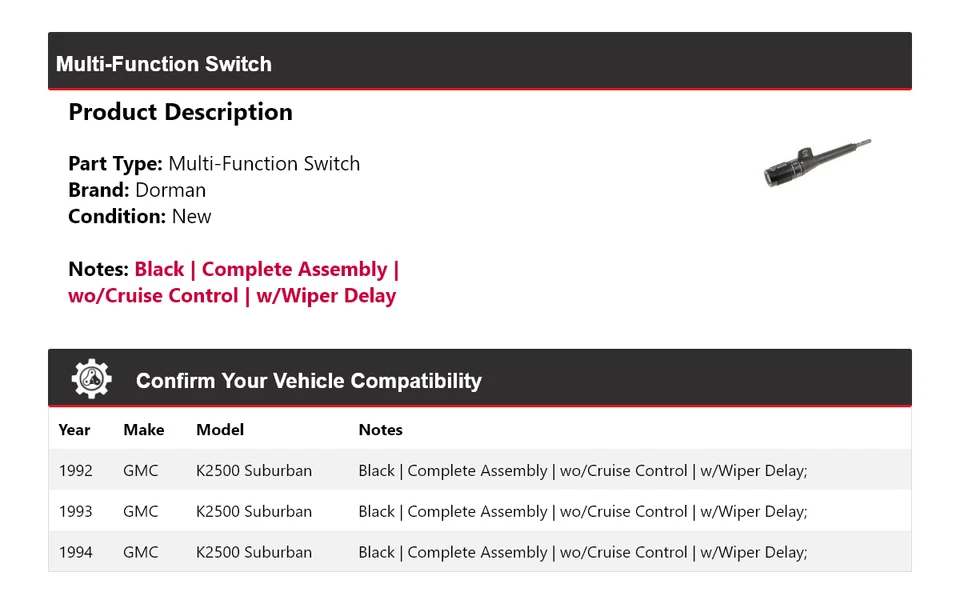 For 1992-1994 GMC K2500 Suburban Dorman Multi-Function Switch 1993 - Image 2 of 4
