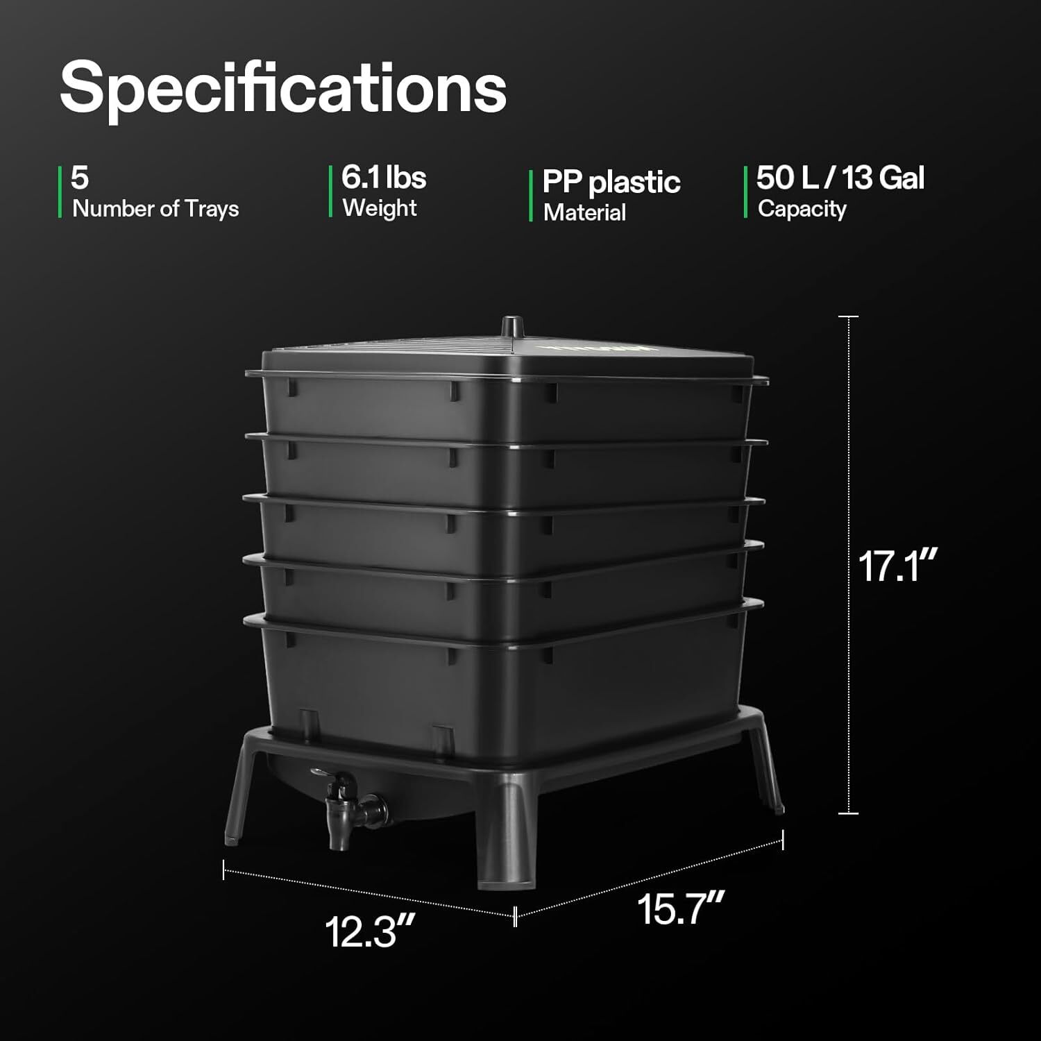 VIVOSUN 5-Tray Worm Composter 13gal/50 L Worm Compost Bin w/ Worm Farm ...