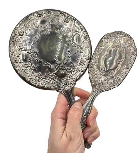 ANTICO PIATTO ARGENTO VITTORIANO ART NOUVEAU SPECCHIO A MANO SPAZZOLA VANITY SET GORG CON - Foto 5 di 12