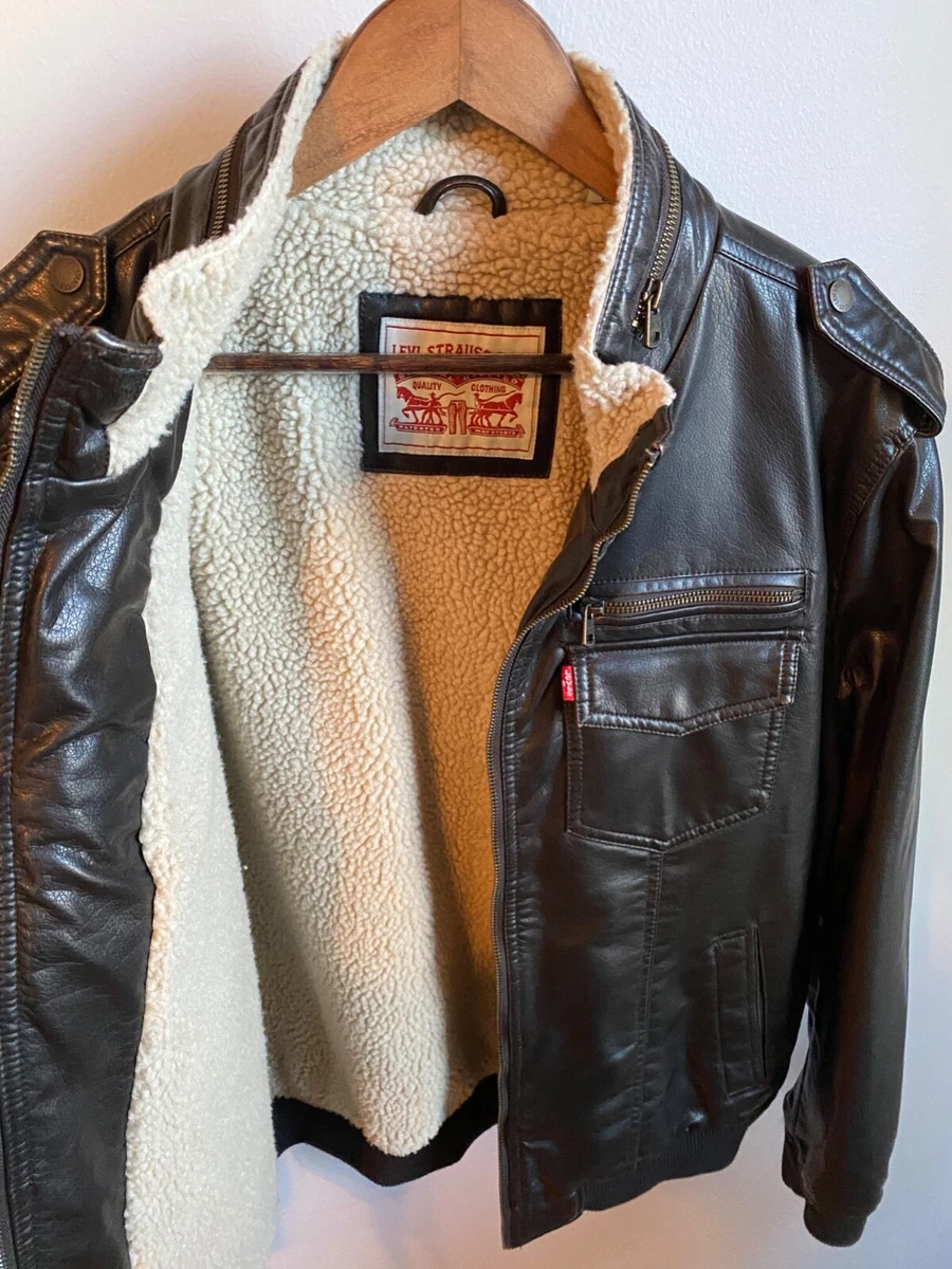Levi s Brown Faux Leather Sherpa Lined Bomber Jacket Zip Up Size L