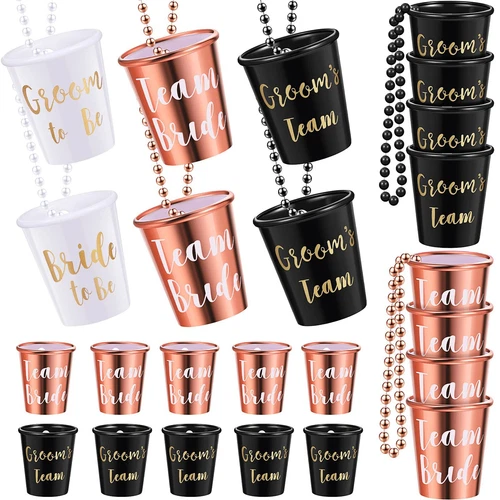 24 Pack Team Bride and Groom Plastic Shot Glasses Necklace for Bachelorette