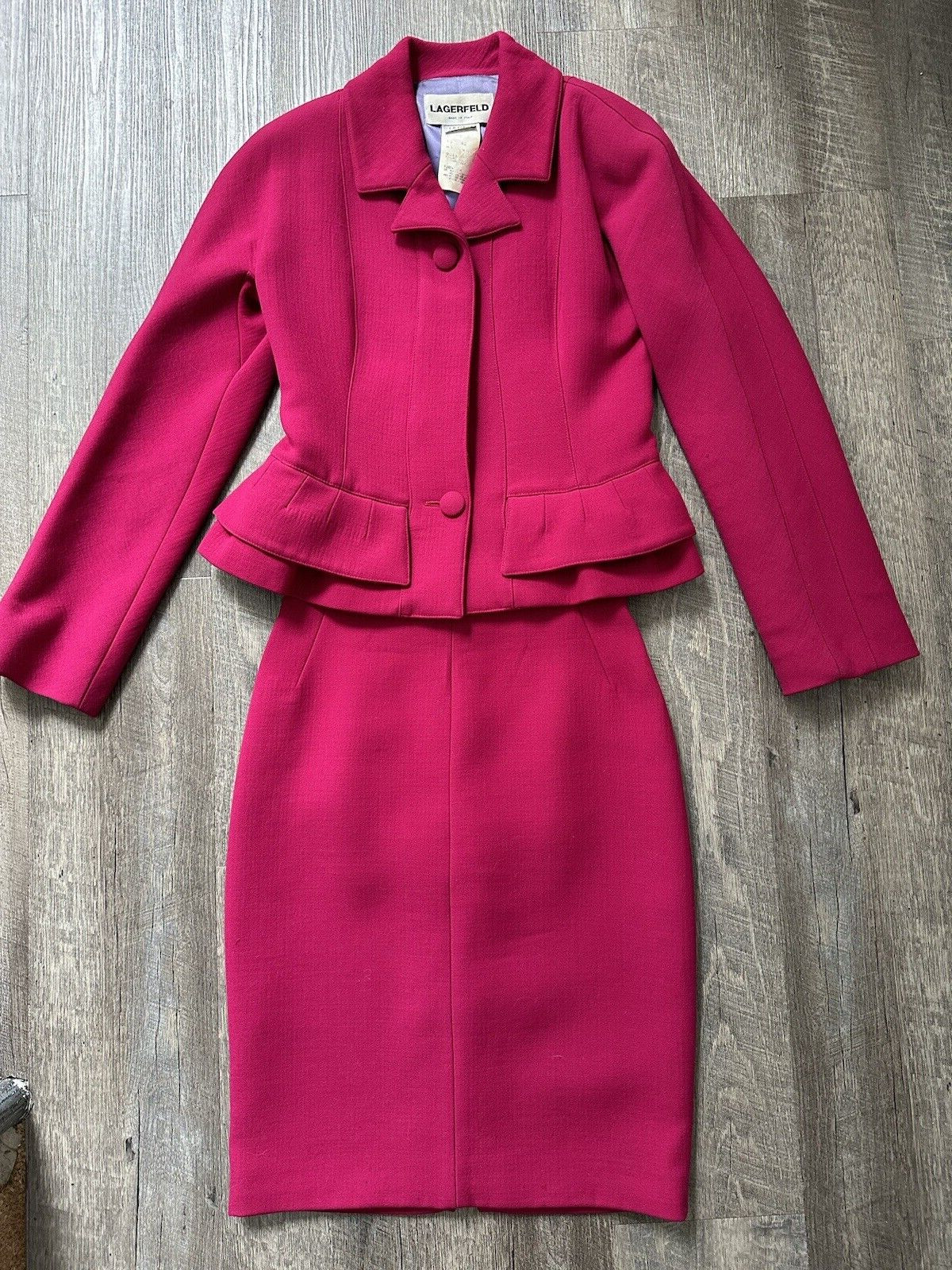 Vintage Authentic 1996 Karl Lagerfeld Wool Pink Peplum Suit Jacket Skirt US 8 image 5