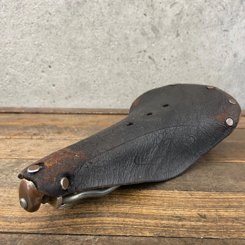 Asiento de cuero Brooks vintage sillín temprano marrón Inglaterra pátina seca competición Foto 2 de 4