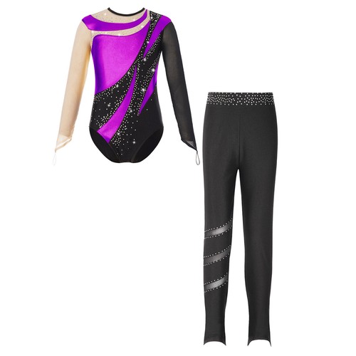 Kids Girls Tracksuit Figure Skating Outfit Performance Set Sparkly Leotard Mesh - Picture 28 of 74