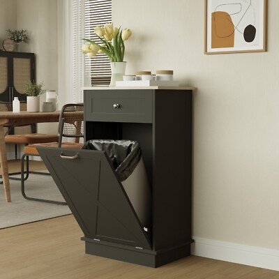 Kitchen Tilt Out Trash Bin Cabinet 10 Gallon Wooden Garbage Laundry with Drawer