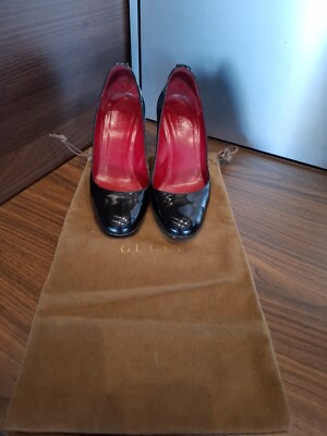 Gucci Pumps schwarz Lackleder Keilabsatz runde Spitze Größe EU 36,5c UK 4 + Tasche *