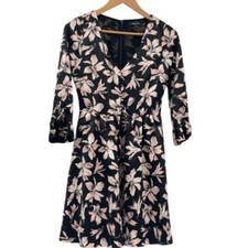Madewell Dress Women Size 00 XXS Black Pink Floral 3/4 Sleeve V Neck A Line