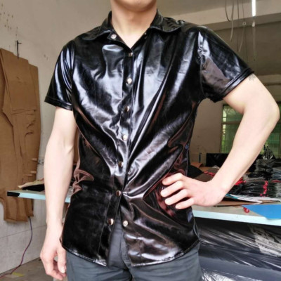Men Shiny Faux Patent Leather Shirt Tops Blouse Short Sleeve Clothes Club Lapel