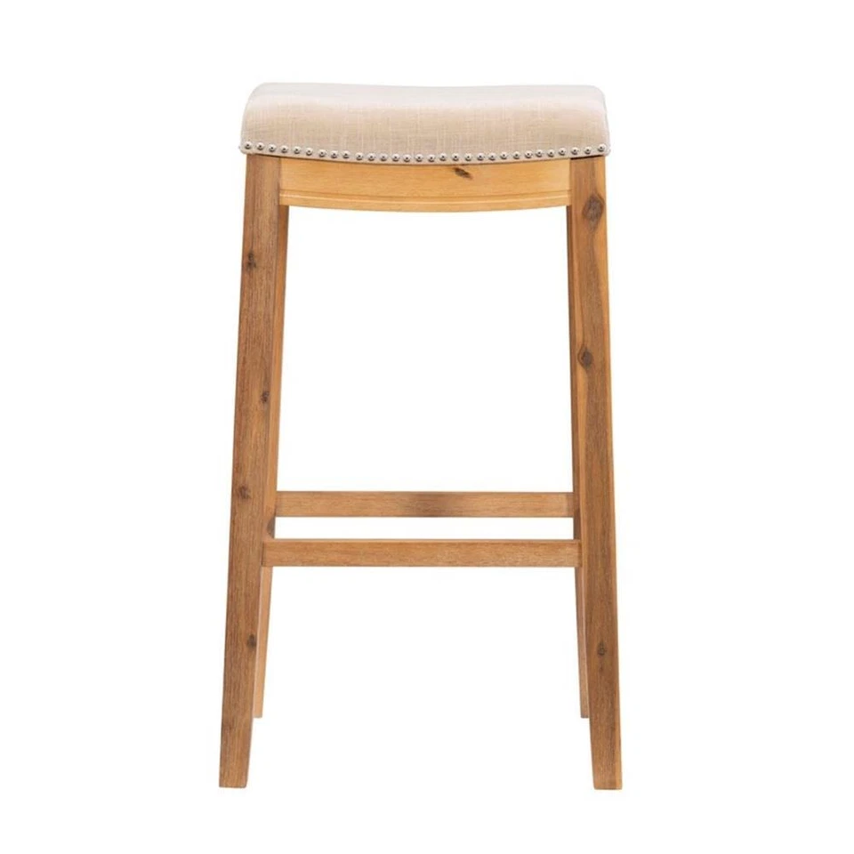 Linon Claridge Bar Stool Natural Padded Seat Acacia Wood Frame in Rustic Brown - Image 3 of 4