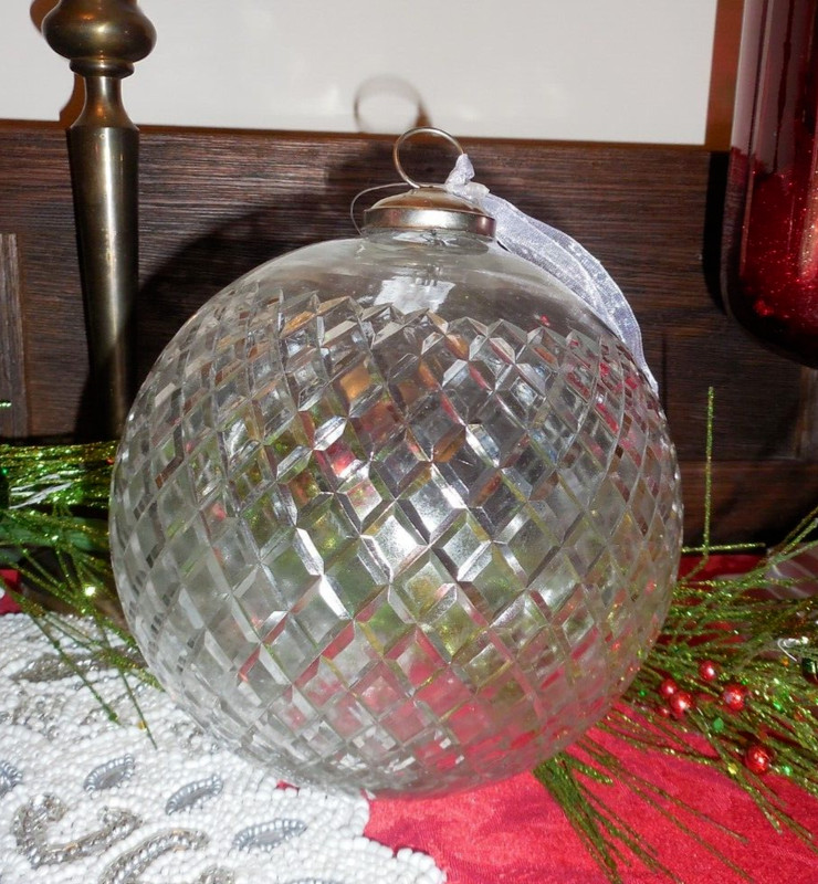 Large Oversized Diamond Patterned Clear Glass Christmas Ornament  5 1/2 - 6"