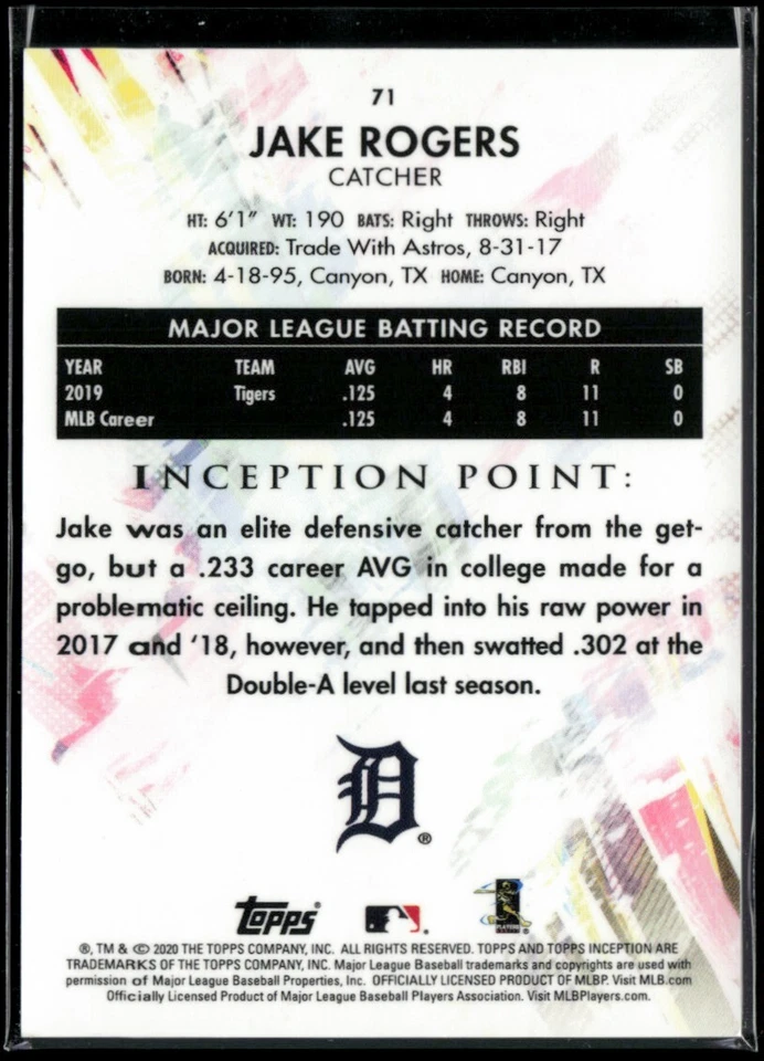 2020 Topps Inception #71 Jake Rogers RC - Image 2 of 2