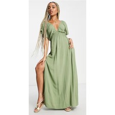 ASOS Design Flutter Sleeve Maxi Beach Dress in Khaki Green - KHAKI Women's sz. 6