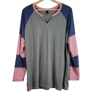 Torrid Ribbed Long Sleeve Top Gray 3X Split V Neck Pink Blue Trim Pullover