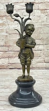 Art Deco Bronze Statue - Young Boy Holding Tulip Vase Candle Holder Figure