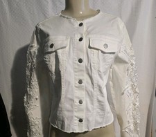 K. Jordan Cropped Denim Jacket Lace Sleeves Button Pockets White Stretch size M