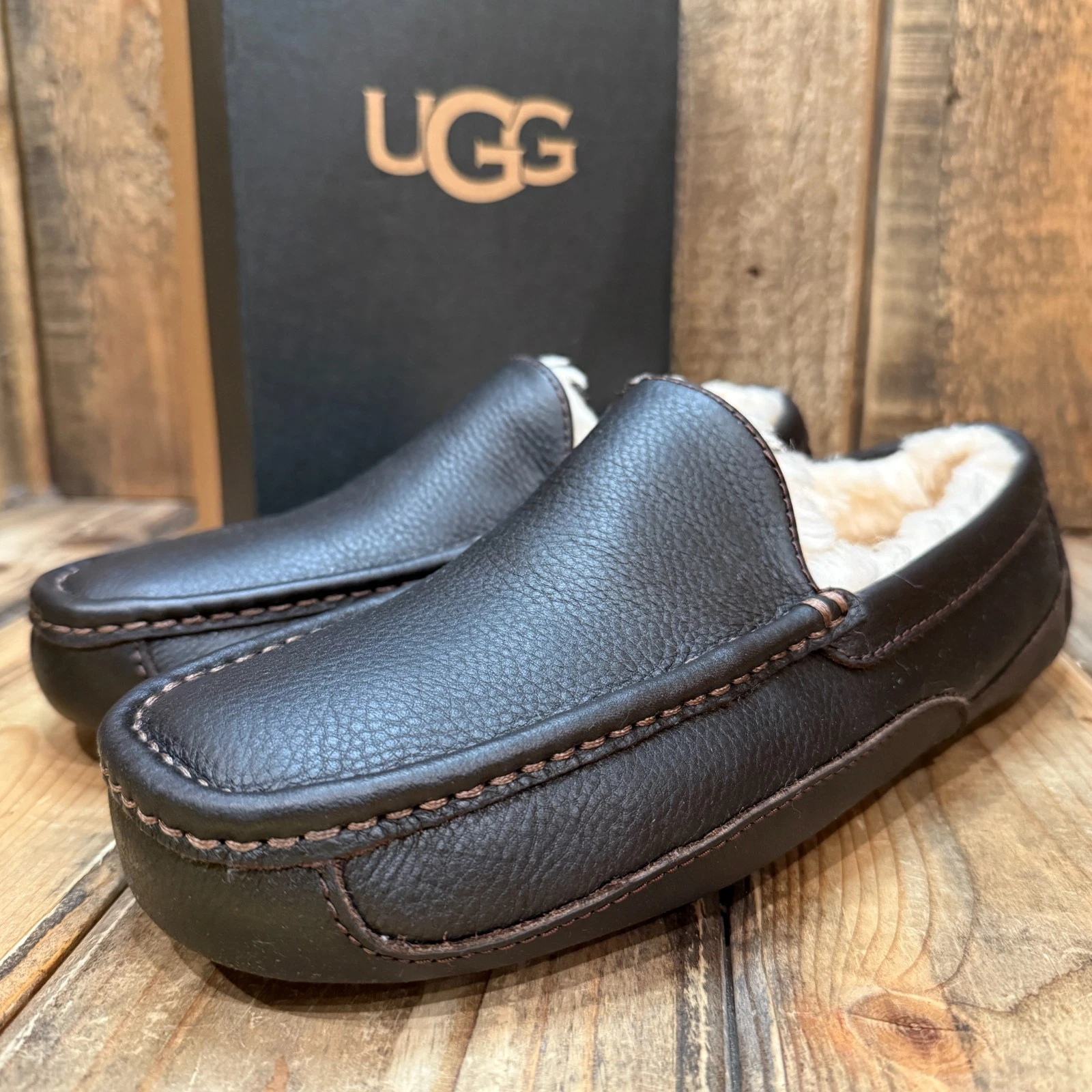 UGG MENS ASCOT SLIPPER LEATHER SHEEPSKIN LOAFER SHOE SIZE US 8 ~DARK SPICE BROWN