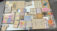 Lot of 54 Misc. Wood Mounted Rubber Stamps Backgrounds Shapes Patterns