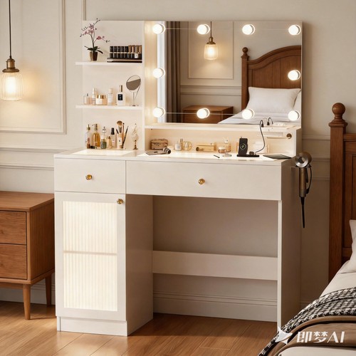 Vanity Desk Large Mirror Lights Glass Power Outlet Drawers Cabinet 3 Color White