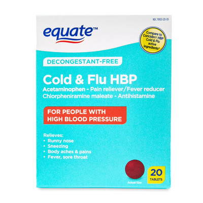 Equate HBP Cold & Flu Tablets 20ct   Decongestant-Free High Blood Pressure