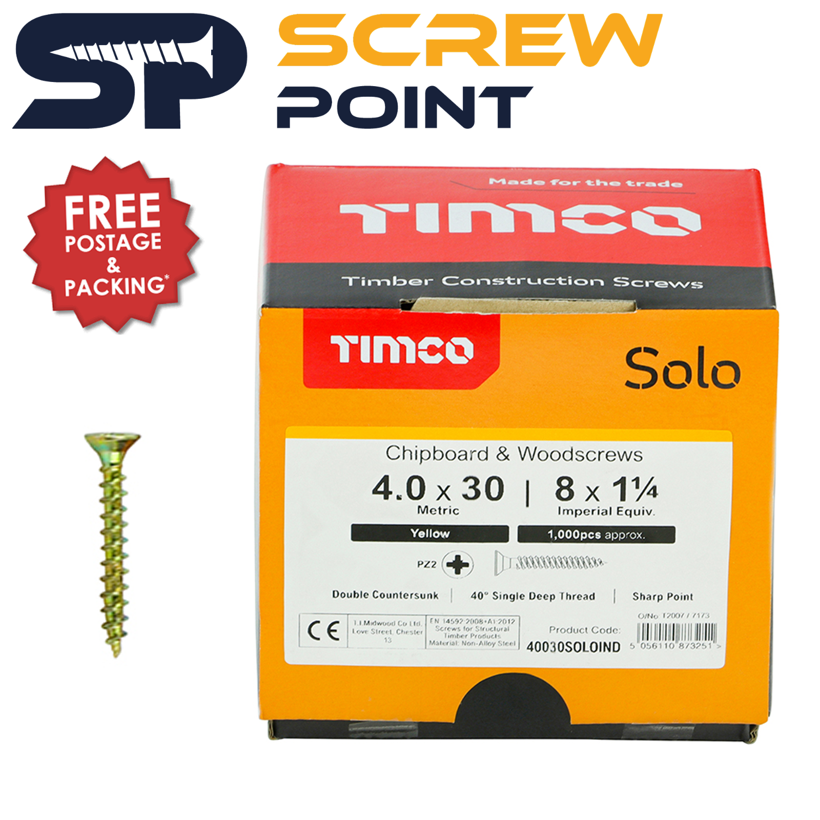 Box of 1000 4.0 x 50 Solo Woodscrew Industry Pack