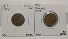 Indian Head One Cent 1905 & 1907 F-VF Condition