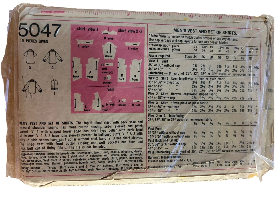 Vintage Simplicity Pattern 5047 Men’s Vest And Set Of Shirts Size 40 Neck 15.5 - Image 2 of 2