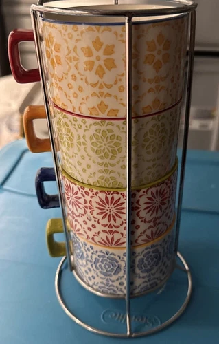 Pier 1 Stackable 4 Coffee Cups / Mugs (8 oz) w/ Metal Rack Colorful Stoneware 21
