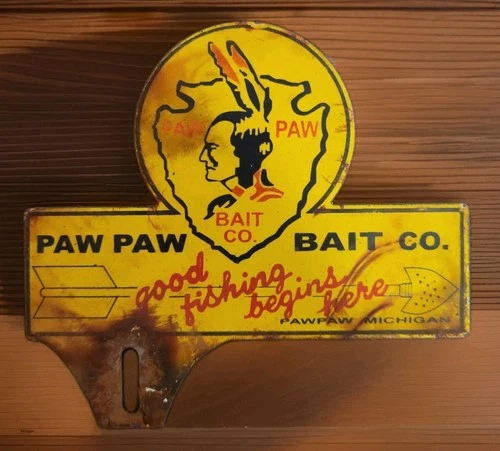 Vintage Paw Paw Bait Porcelain Sign/Topper Fishing Lures Bass Michigan Gas Oil