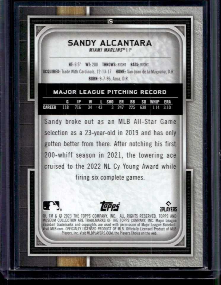 2023 Topps Museum Collection Blue Sandy Alcantara 020/150 Miami Marlins #15 - Image 2 of 2
