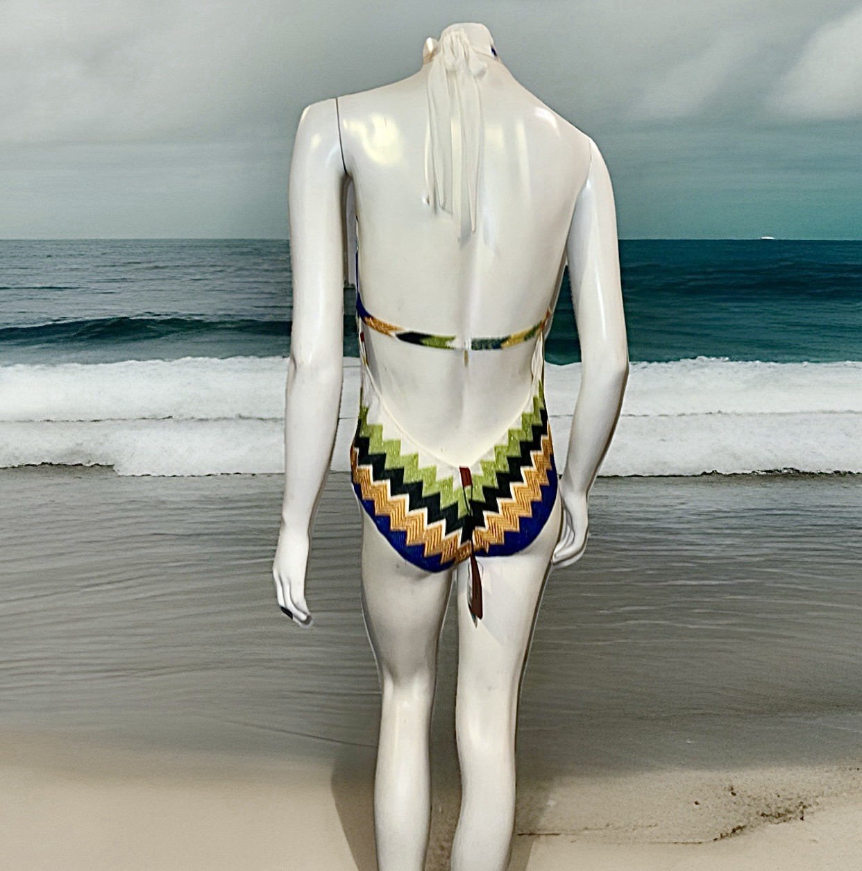 MISSONI Mare Swimsuit Lurex Shimmer Halter Chevron Fringe Swimwear Sz 46 NWT image 4