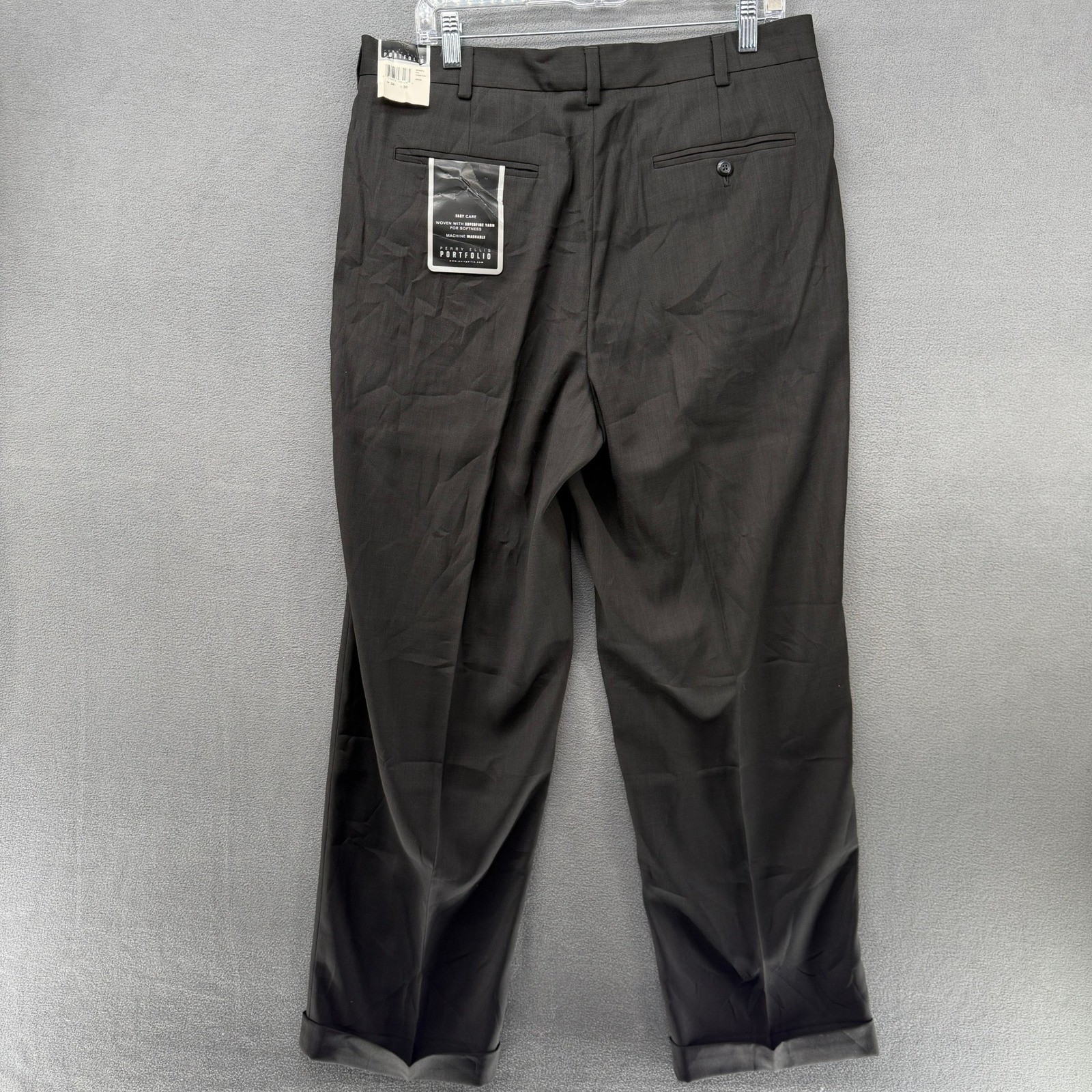 Perry Ellis Portfolio Mens Charcoal Gray Pleated Dress Pants Cuff Size 34x30