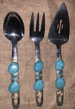 Oneida 3 PC Serving Stainless Flatware Blue Stone Bead Wire Wrapped Fork Spoon
