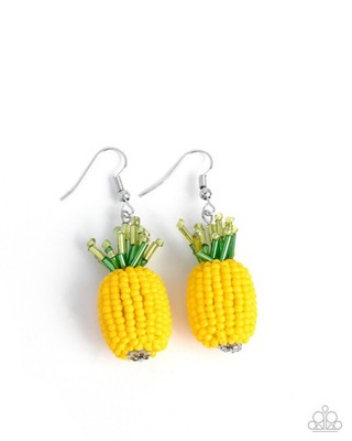 Paparazzi Pleasant Pineapple - Yellow - Seed Beads - Green Beads - Earrings