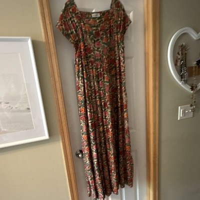 Natural Life Cotton Jersey Floral Maxi Dress Scoop Neck Smocked Size M